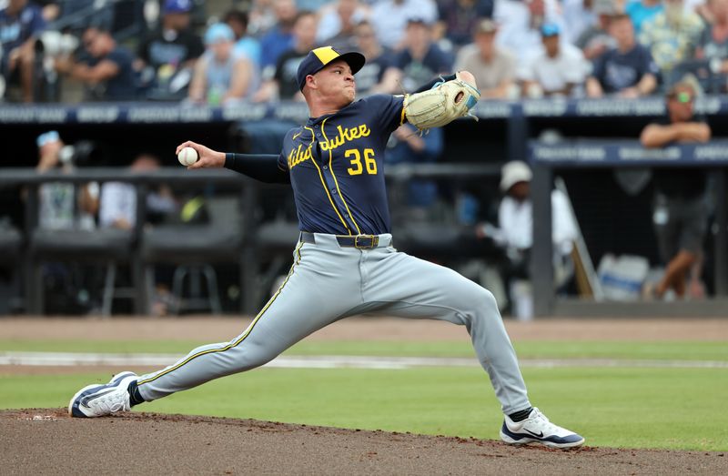 May 10, 2025; St. Petersburg, Florida, USA; Milwaukee Brewers starting pitcher Tobias Myers (36) throws a pitch against the Tampa Bay Rays during the first inning at George M. Steinbrenner Field. Mandatory Credit: Kim Klement Neitzel-Imagn Images