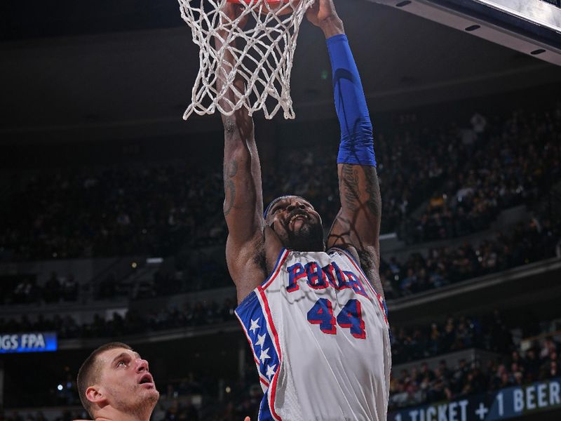 DENVER, CO - JANUARY 27: Paul Reed #44 of the Philadelphia 76ers dunks the ball during the game against the Denver Nuggets on January 27, 2024 at the Ball Arena in Denver, Colorado. NOTE TO USER: User expressly acknowledges and agrees that, by downloading and/or using this Photograph, user is consenting to the terms and conditions of the Getty Images License Agreement. Mandatory Copyright Notice: Copyright 2024 NBAE (Photo by Bart Young/NBAE via Getty Images)