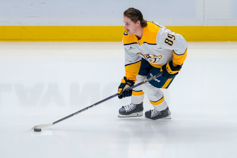 Jan 3, 2025; Vancouver, British Columbia, CAN; Nashville Predators forward Ozzy Wiesblatt (89) skates during warm up prior to his first ever NHL appearance against the Vancouver Canucks at Rogers Arena. Mandatory Credit: Bob Frid-Imagn Images