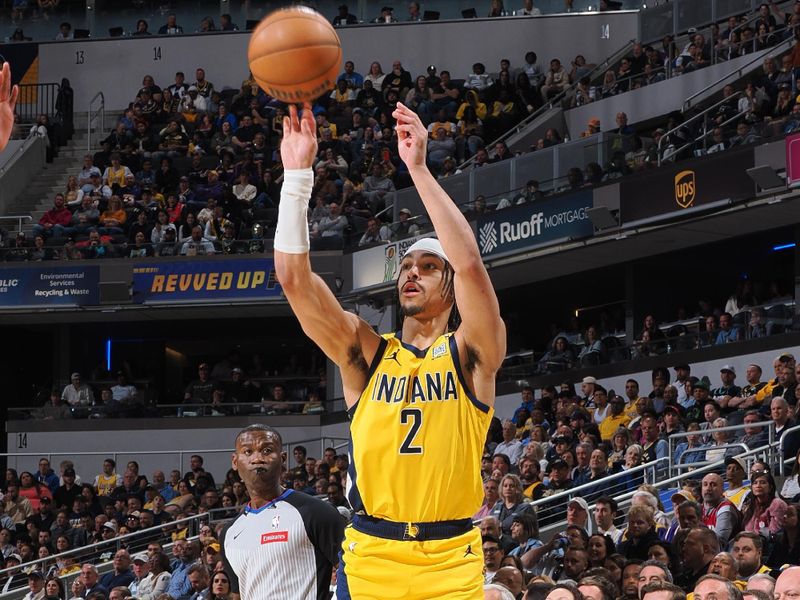 INDIANAPOLIS, IN - MARCH 29: Andrew Nembhard #2 of the Indiana Pacers shoots the ball during the game against the Los Angeles Lakers on March 29, 2024 at Gainbridge Fieldhouse in Indianapolis, Indiana. NOTE TO USER: User expressly acknowledges and agrees that, by downloading and or using this Photograph, user is consenting to the terms and conditions of the Getty Images License Agreement. Mandatory Copyright Notice: Copyright 2024 NBAE (Photo by Ron Hoskins/NBAE via Getty Images)