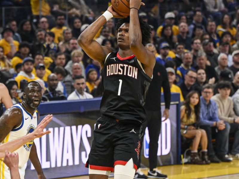 SAN FRANCISCO, CA - APRIL 26:   Amen Thompson #1 of the Houston Rockets shoots the ball during the game against the Golden State Warriors during Round 1 Game 3 of the 2025 NBA Playoffs   on April 26, 2025 at Chase Center in San Francisco, California. NOTE TO USER: User expressly acknowledges and agrees that, by downloading and or using this photograph, user is consenting to the terms and conditions of Getty Images License Agreement. Mandatory Copyright Notice: Copyright 2025 NBAE (Photo by David Dow/NBAE via Getty Images)