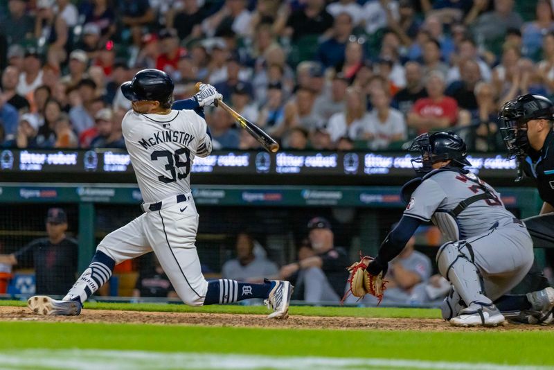 Jul 29, 2024; Detroit, Michigan, USA; Detroit Tigers shortstop Zach McKinstry (39) strikes out to end the in the eighth inning against the Cleveland Guardians at Comerica Park. Mandatory Credit: David Reginek-USA TODAY Sports