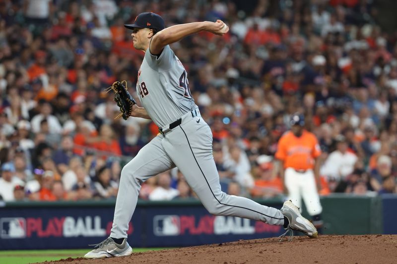 Oct 2, 2024; Houston, Texas, USA; Detroit Tigers pitcher Brant Hurter (48) throws against the Houston Astros during the third inning of game two of the Wildcard round for the 2024 MLB Playoffs at Minute Maid Park. Mandatory Credit: Thomas Shea-Imagn Images