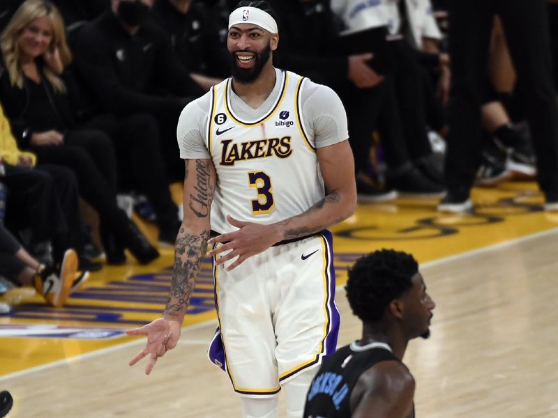 LOS ANGELES, CA - APRIL 22: Anthony Davis #3 of the Los Angeles Lakers celebrates after scoring a three-point basket against the Memphis Grizzlies during the second half of Round 1 Game 3 of the 2023 NBA Playoffs at Crypto.com Arena on April 22, 2023 in Los Angeles, California. NOTE TO USER: User expressly acknowledges and agrees that, by downloading and or using this photograph, User is consenting to the terms and conditions of the Getty Images License Agreement. (Photo by Kevork Djansezian/Getty Images)