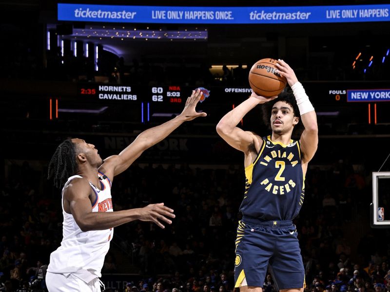 NEW YORK, NY - APRIL 9: Andrew Nembhard #2 of the Indiana Pacers shoots the ball during the game against the New York Knicks on April 9, 2023 at Madison Square Garden in New York City, New York. NOTE TO USER: User expressly acknowledges and agrees that, by downloading and or using this photograph, User is consenting to the terms and conditions of the Getty Images License Agreement. Mandatory Copyright Notice: Copyright 2023 NBAE  (Photo by David Dow/NBAE via Getty Images)