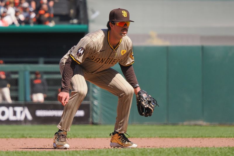 Apr 5, 2024; San Francisco, California, USA; San Diego Padres third baseman Graham Pauley (22) is seen against the San Francisco Giants during the fifth inning at Oracle Park. Mandatory Credit: Kelley L Cox-USA TODAY Sports