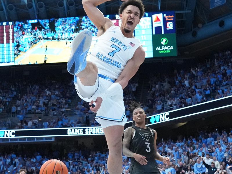 Feb 28, 2026; Chapel Hill, North Carolina, USA; North Carolina Tar Heels guard Seth Trimble (7) reacts after scoring in the second half at Dean E. Smith Center. Mandatory Credit: Bob Donnan-Imagn Images