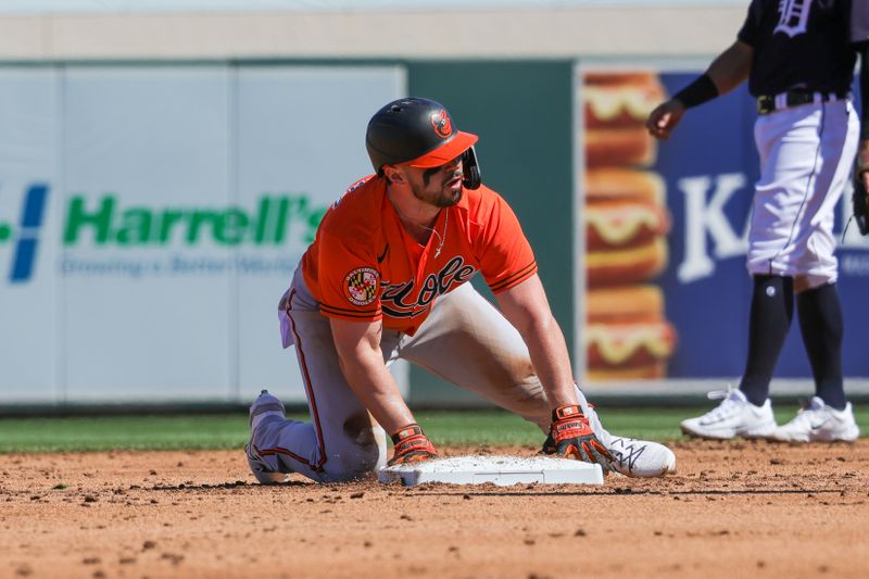 Feb 26, 2023; Lakeland, Florida, USA; Baltimore Orioles left fielder Ryan McKenna (26) steals second base during the third inning against the Detroit Tigers at Publix Field at Joker Marchant Stadium. Mandatory Credit: Mike Watters-USA TODAY Sports