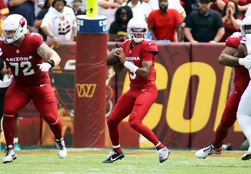 Arizona Cardinals quarterback Joshua Dobbs (9) throws during an NFL football game against the Washington Commanders, Sunday, September 10, 2023 in Landover, Maryland. (AP Photo/Daniel Kucin Jr.)