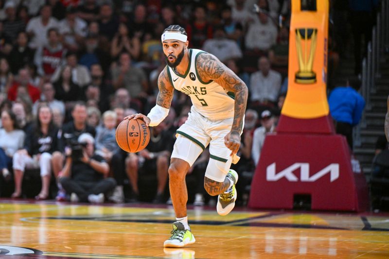 MIAMI, FL - NOVEMBER 26:  Gary Trent Jr. #5 of the Milwaukee Bucks dribbles the ball during the NBA Cup game against the Miami Heat on November 26, 2024 at Kaseya Center in Miami, Florida. NOTE TO USER: User expressly acknowledges and agrees that, by downloading and or using this Photograph, user is consenting to the terms and conditions of the Getty Images License Agreement. Mandatory Copyright Notice: Copyright 2024 NBAE (Photo by Chris Tilley/NBAE via Getty Images)