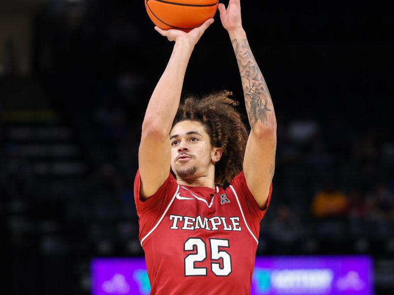 Jan 14, 2026; Memphis, Tennessee, USA; Temple Owls guard Aiden Tobiason (25) shoots the ball against the Memphis Tigers during the second half at FedExForum. Mandatory Credit: Wesley Hale-Imagn Images