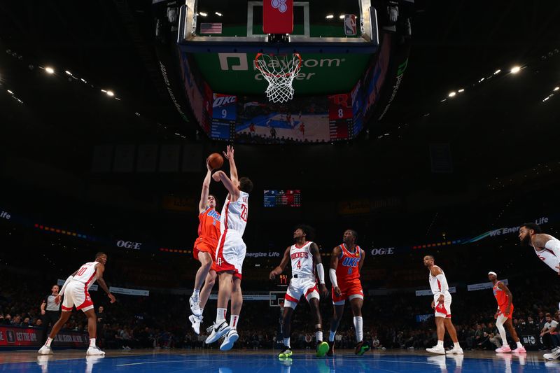 OKLAHOMA CITY, OK - FEBRUARY 27: Josh Giddey #3 of the Oklahoma City Thunder drives to the basket during the game against the Houston Rockets on February, 2024 at Paycom Arena in Oklahoma City, Oklahoma. NOTE TO USER: User expressly acknowledges and agrees that, by downloading and or using this photograph, User is consenting to the terms and conditions of the Getty Images License Agreement. Mandatory Copyright Notice: Copyright 2024 NBAE (Photo by Zach Beeker/NBAE via Getty Images)