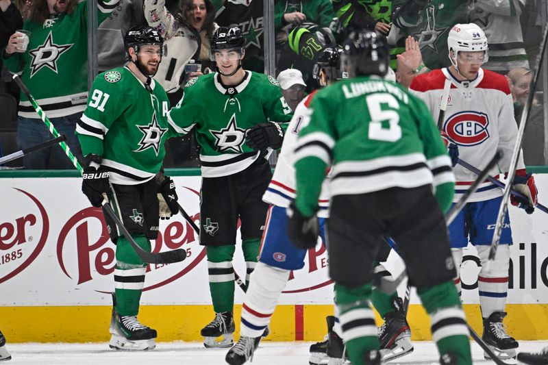 Jan 2, 2024; Dallas, Texas, USA; Dallas Stars center Tyler Seguin (91) and center Wyatt Johnston (53) celebrates a goal scored by Johnston against the Montreal Canadiens during the third period at the American Airlines Center. Mandatory Credit: Jerome Miron-USA TODAY Sports