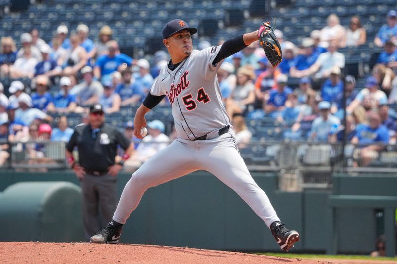 Jun 1, 2025; Kansas City, Missouri, USA; Detroit Tigers starting pitcher Keider Montero (54) delivers a pitch against the Kansas City Royals during the first inning at Kauffman Stadium. Mandatory Credit: Denny Medley-Imagn Images