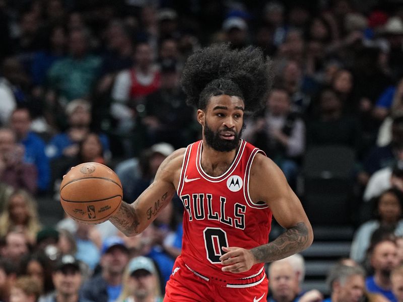 DALLAS, TX - NOVEMBER 6: Coby White #0 of the Chicago Bulls dribbles the ball during the game against the Dallas Mavericks on November 6, 2024 at American Airlines Center in Dallas, Texas. NOTE TO USER: User expressly acknowledges and agrees that, by downloading and or using this photograph, User is consenting to the terms and conditions of the Getty Images License Agreement. Mandatory Copyright Notice: Copyright 2024 NBAE (Photo by Glenn James/NBAE via Getty Images)