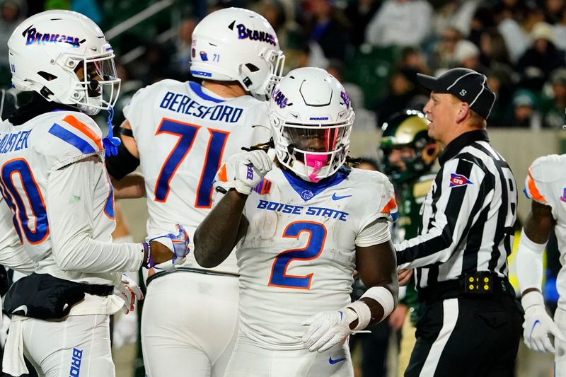 Oct 14, 2023; Fort Collins, Colorado, USA;  Boise State Broncos running back Ashton Jeanty (2) waves to the stands after scoring his third touchdown against the Colorado State Rams at Sonny Lubick Field at Canvas Stadium. Jeanty rushed for 212 yards against the Colorado State Rams. Mandatory Credit: Michael Madrid-USA TODAY Sports