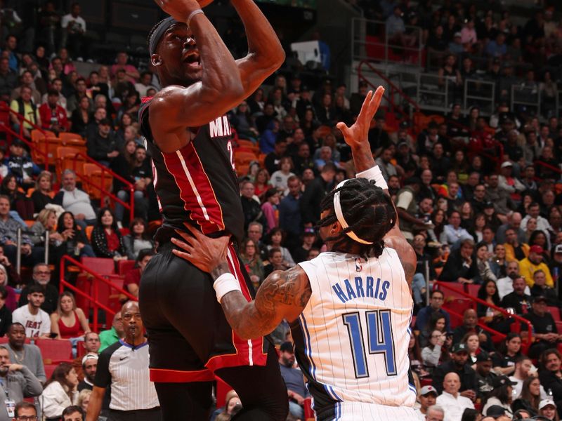 MIAMI, FL - FEBRUARY 6: Jimmy Butler #22 of the Miami Heat shoots the ball during the game against the Orlando Magic on February 6, 2024 at Kaseya Center in Miami, Florida. NOTE TO USER: User expressly acknowledges and agrees that, by downloading and or using this Photograph, user is consenting to the terms and conditions of the Getty Images License Agreement. Mandatory Copyright Notice: Copyright 2024 NBAE (Photo by Issac Baldizon/NBAE via Getty Images)