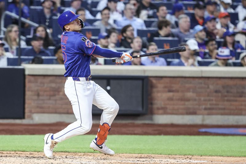 Jun 26, 2025; New York City, New York, USA;  New York Mets catcher Luis Torrens (13) hits a run scoring sacrifice fly in the fourth inning against the Atlanta Braves at Citi Field. Mandatory Credit: Wendell Cruz-Imagn Images