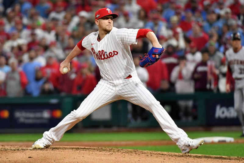 Oct 24, 2023; Philadelphia, Pennsylvania, USA; Philadelphia Phillies relief pitcher Jeff Hoffman (68) throws a pitch against the Arizona Diamondbacks in the fifth inning during game seven of the NLCS for the 2023 MLB playoffs at Citizens Bank Park. Mandatory Credit: Eric Hartline-USA TODAY Sports