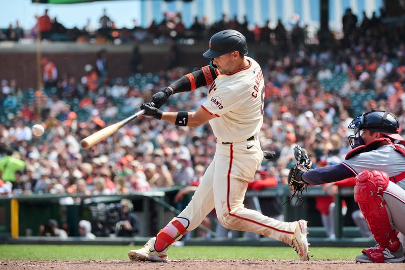 Apr 10, 2024; San Francisco, California, USA; San Francisco Giants outfielder Michael Conforto (8) bats against the Washington Nationals during the seventh inning at Oracle Park. Mandatory Credit: Robert Edwards-USA TODAY Sports