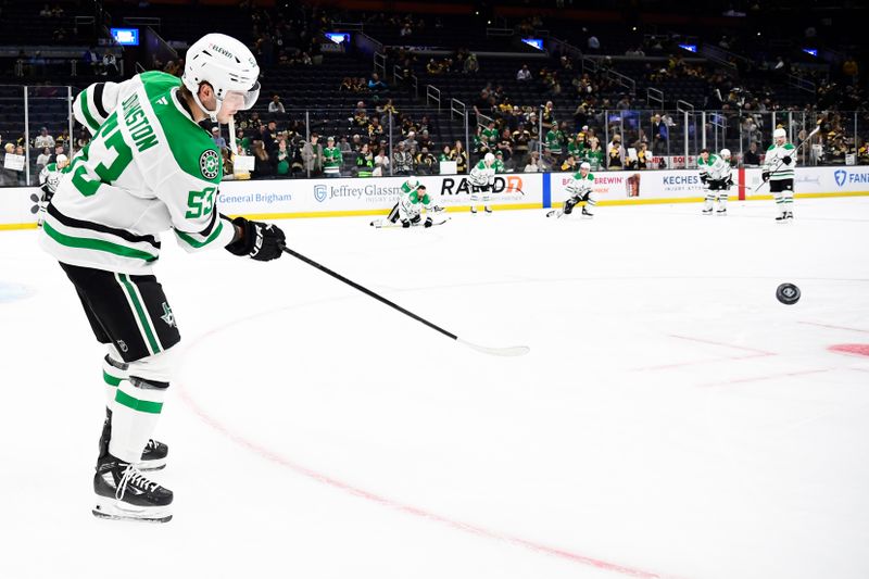 Oct 24, 2024; Boston, Massachusetts, USA;  Dallas Stars center Wyatt Johnston (53) flips the puck during warmups prior to a game against the Boston Bruins at TD Garden. Mandatory Credit: Bob DeChiara-Imagn Images