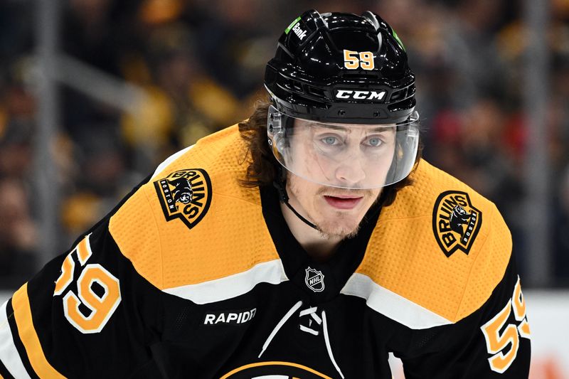 Mar 9, 2023; Boston, Massachusetts, USA; Boston Bruins left wing Tyler Bertuzzi (59) watches a face-off against the Edmonton Oilers during the first period at the TD Garden. Mandatory Credit: Brian Fluharty-USA TODAY Sports