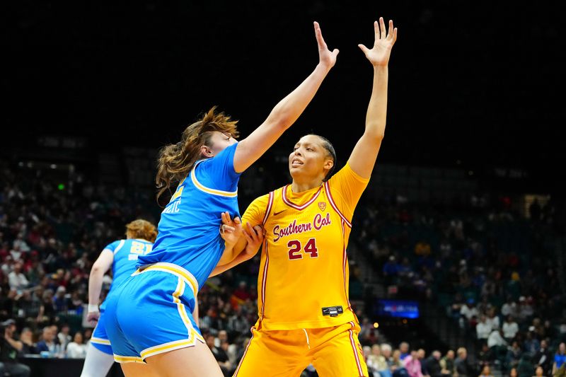 Mar 8, 2024; Las Vegas, NV, USA; USC Trojans forward Kaitlyn Davis (24) calls for an inbounds pass as UCLA Bruins forward Angela Dugalic (32) defends during the fourth quarter at MGM Grand Garden Arena. Mandatory Credit: Stephen R. Sylvanie-USA TODAY Sports