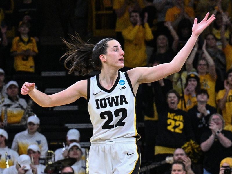 Mar 25, 2024; Iowa City, IA, USA; Iowa Hawkeyes guard Caitlin Clark (22) reacts during the third quarter against the West Virginia Mountaineers of the NCAA second round game at Carver-Hawkeye Arena. Mandatory Credit: Jeffrey Becker-USA TODAY Sports