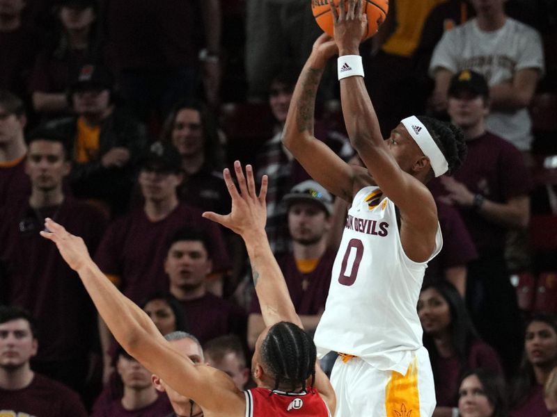 Feb 18, 2023; Tempe, Arizona, USA; Arizona State Sun Devils guard DJ Horne (0) shoots over Utah Utes guard Marco Anthony (10) during the first half at Desert Financial Arena. Mandatory Credit: Joe Camporeale-USA TODAY Sports