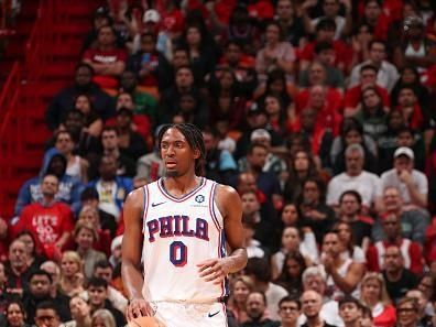 MIAMI, FL - DECEMBER 25:  Tyrese Maxey #0 of the Philadelphia 76ers handles the ball during the game  on December 25, 2023 at Kaseya Center Arena in Miami, Florida. NOTE TO USER: User expressly acknowledges and agrees that, by downloading and or using this Photograph, user is consenting to the terms and conditions of the Getty Images License Agreement. Mandatory Copyright Notice: Copyright 2023 NBAE (Photo by Issac Baldizon/NBAE via Getty Images)