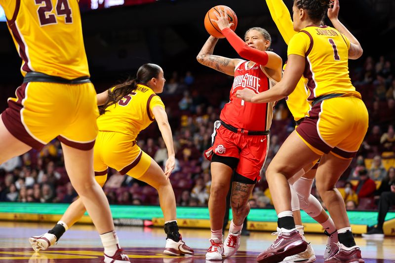 Feb 8, 2024; Minneapolis, Minnesota, USA; Ohio State Buckeyes guard Rikki Harris (1) passes against the Minnesota Golden Gophers during the second half at Williams Arena. Mandatory Credit: Matt Krohn-USA TODAY Sports