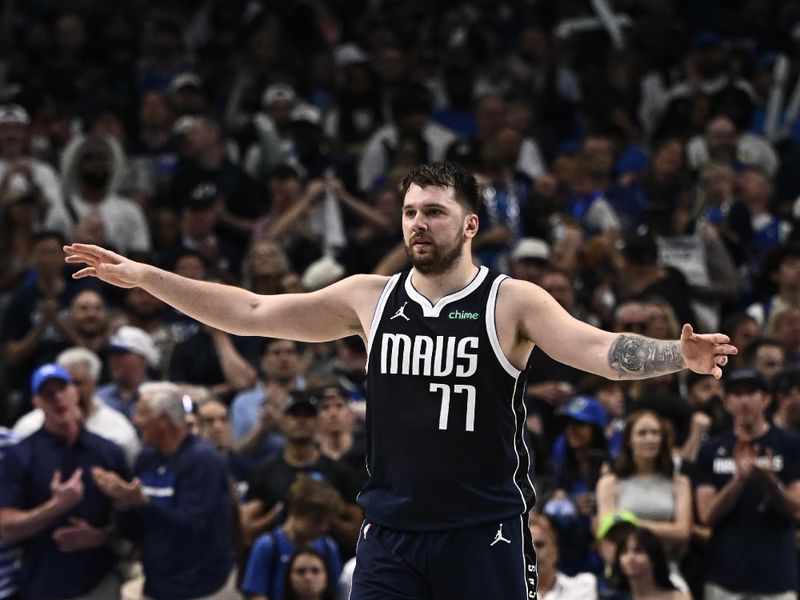 DALLAS, TX - MAY 26: Luka Doncic #77 of the Dallas Mavericks celebrates during the game against the Minnesota Timberwolves during Game 3 of the Western Conference Finals of the 2024 NBA Playoffs on May 26, 2024 at the American Airlines Center in Dallas, Texas. NOTE TO USER: User expressly acknowledges and agrees that, by downloading and or using this photograph, User is consenting to the terms and conditions of the Getty Images License Agreement. Mandatory Copyright Notice: Copyright 2024 NBAE (Photo by David Dow/NBAE via Getty Images)