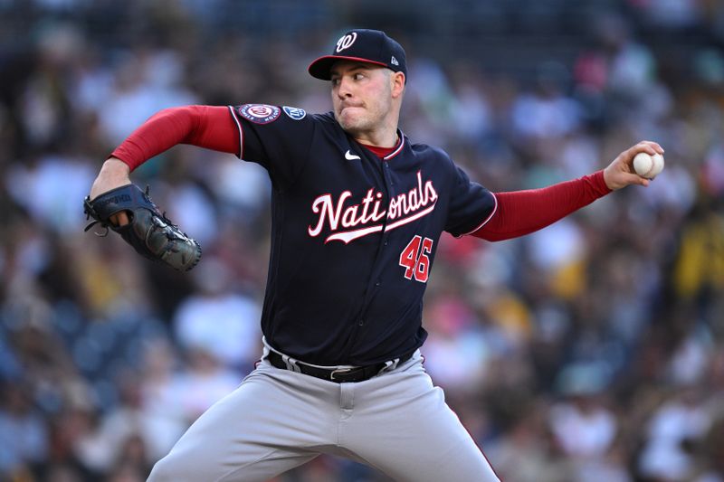 Jun 23, 2023; San Diego, California, USA; Washington Nationals starting pitcher Patrick Corbin (46) throws a pitch against the San Diego Padres during the first inning at Petco Park. Mandatory Credit: Orlando Ramirez-USA TODAY Sports