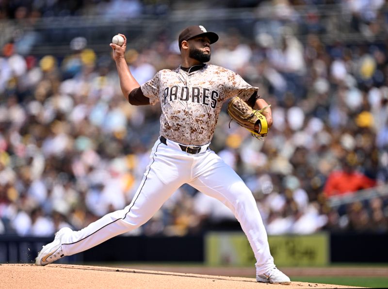 Apr 27, 2025; San Diego, California, USA; San Diego Padres starting pitcher Randy Vasquez (98) throws during the first inning against the Tampa Bay Rays at Petco Park. Mandatory Credit: Denis Poroy-Imagn Images