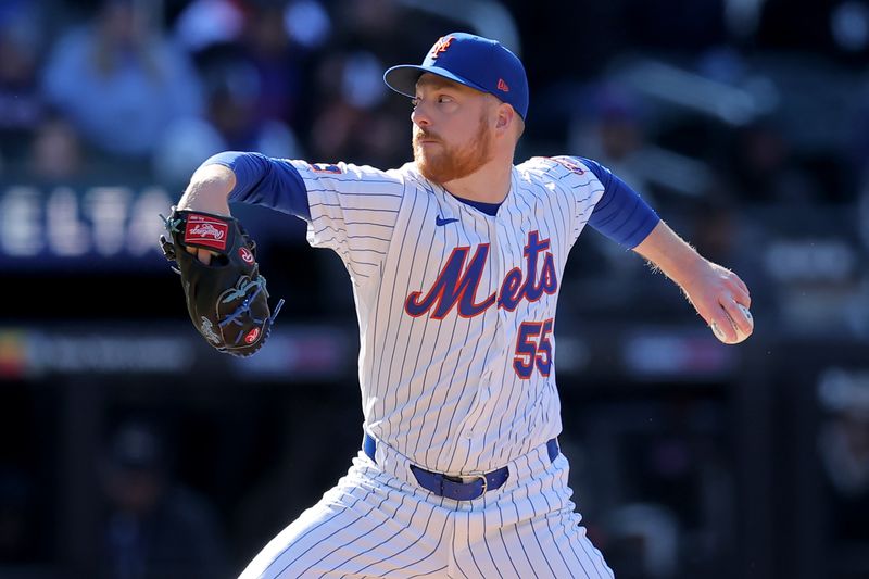 Mar 29, 2026; New York City, New York, USA; New York Mets relief pitcher Richard Lovelady (55) pitches against the Pittsburgh Pirates during the tenth inning at Citi Field. Mandatory Credit: Brad Penner-Imagn Images Mar 29, 2026; New York City, New York, USA; New York Mets relief pitcher Richard Lovelady (55) pitches against the Pittsburgh Pirates during the tenth inning at Citi Field. Mandatory Credit: Brad Penner-Imagn Images