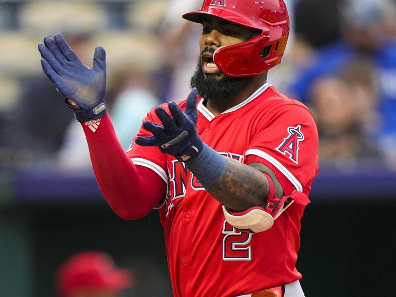 Sep 4, 2025; Kansas City, Missouri, USA; Los Angeles Angels third baseman Luis Rengifo (2) celebrates after hitting a home run during the first inning against the Kansas City Royals at Kauffman Stadium. Mandatory Credit: Jay Biggerstaff-Imagn Images