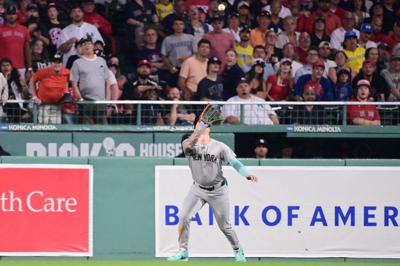 Jul 28, 2024; Boston, Massachusetts, USA; New York Yankees right fielder Alex Verdugo (24) makes a catch for an out against the Boston Red Sox during the fifth inning at Fenway Park. Mandatory Credit: Eric Canha-USA TODAY Sports