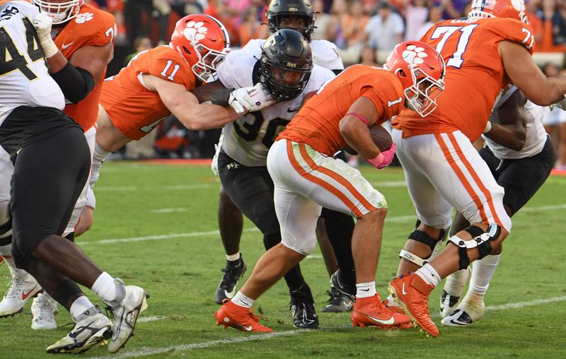 Oct 7, 2023; Clemson, South Carolina, USA; Clemson Tigers running back Will Shipley (1) scores against the Wake Forest Demon Deacons during the fourth quarter at Memorial Stadium. Mandatory Credit: Ken Ruinard-USA TODAY Sports