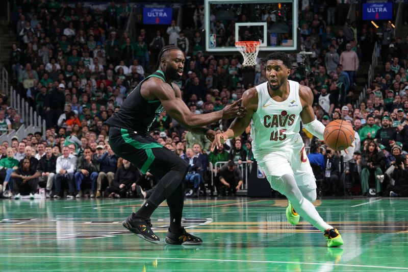 BOSTON, MA - NOVEMBER 19: Donovan Mitchell #45 of the Cleveland Cavaliers dribbles the ball during the game against the Boston Celtics during the Emirates NBA Cup game on November 19, 2024 at TD Garden in Boston, Massachusetts. NOTE TO USER: User expressly acknowledges and agrees that, by downloading and/or using this Photograph, user is consenting to the terms and conditions of the Getty Images License Agreement. Mandatory Copyright Notice: Copyright 2024 NBAE (Photo by Jesse D. Garrabrant/NBAE via Getty Images)