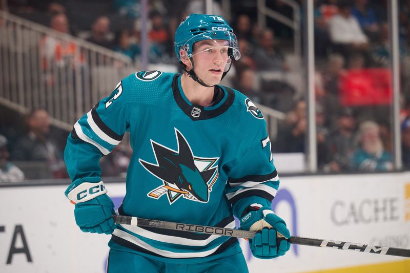 Nov 7, 2023; San Jose, California, USA; San Jose Sharks center William Eklund (72) skates on the ice against the Philadelphia Flyers during the second period at SAP Center at San Jose. Mandatory Credit: Robert Edwards-USA TODAY Sports