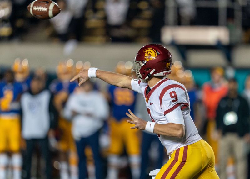 Nov 16, 2019; Berkeley, CA, USA; USC Trojans quarterback Kedon Slovis (9) passes the football during the first quarter against the California Golden Bears at California Memorial Stadium. Mandatory Credit: Neville E. Guard-USA TODAY Sports