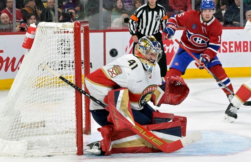 Apr 2, 2024; Montreal, Quebec, CAN; Florida Panthers goalie Anthony Stolarz (41) makes a save against the Montreal Canadiens during the second period at the Bell Centre. Mandatory Credit: Eric Bolte-USA TODAY Sports