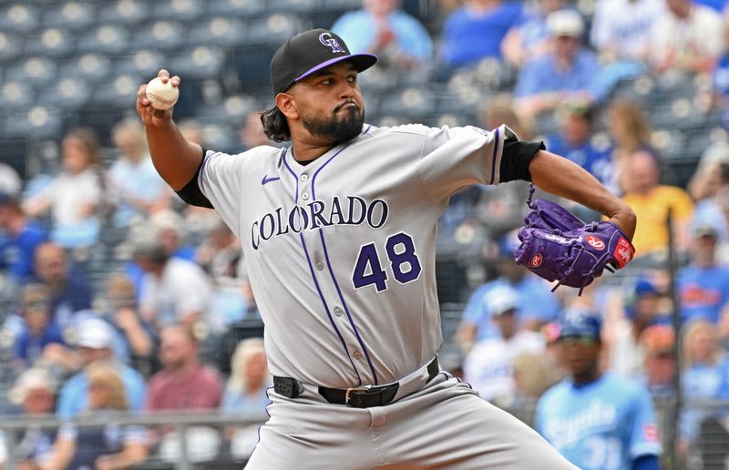 Apr 24, 2025; Kansas City, Missouri, USA;  Colorado Rockies starting pitcher German Marquez (48) throws a pitch in the first inning against the Kansas City Royals at Kauffman Stadium. Mandatory Credit: Peter Aiken-Imagn Images