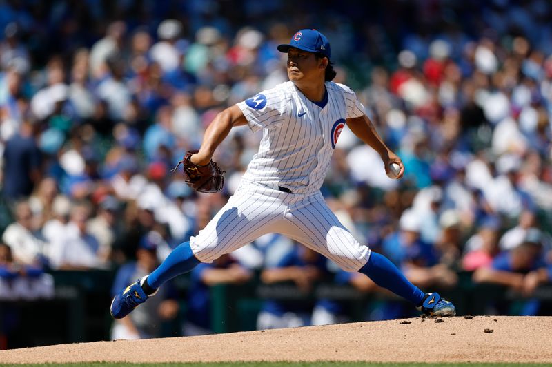 Aug 21, 2025; Chicago, Illinois, USA; Chicago Cubs starting pitcher Shota Imanaga (18) delivers a pitch against the Milwaukee Brewers during the first inning at Wrigley Field. Mandatory Credit: Kamil Krzaczynski-Imagn Images