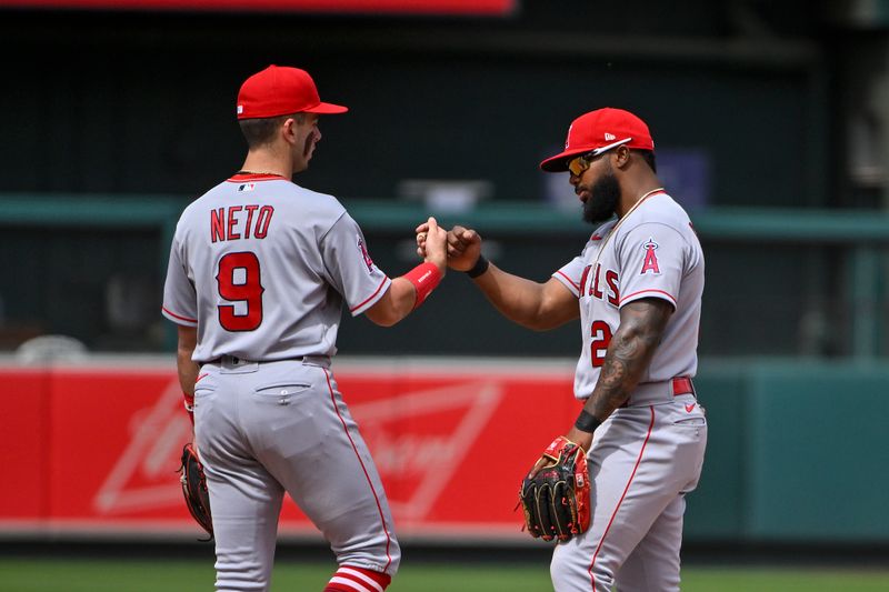 May 4, 2023; St. Louis, Missouri, USA;  Los Angeles Angels second baseman Luis Rengifo (2) and shortstop Zach Neto (9) celebrate after the Angels defeated the St. Louis Cardinals at Busch Stadium. Mandatory Credit: Jeff Curry-USA TODAY Sports