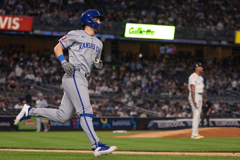 Sep 11, 2024; Bronx, New York, USA; Kansas City Royals second baseman Michael Massey (19) runs the bases after hitting a solo home run during the fourth inning against New York Yankees starting pitcher Luis Gil (81) at Yankee Stadium. Mandatory Credit: Vincent Carchietta-Imagn Images