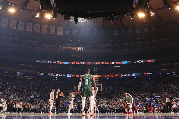 NEW YORK, NY - DECEMBER 25: Damian Lillard #0 of the Milwaukee Bucks looks on before the game against the New York Knicks on December 25, 2023 at Madison Square Garden in New York City, New York.  NOTE TO USER: User expressly acknowledges and agrees that, by downloading and or using this photograph, User is consenting to the terms and conditions of the Getty Images License Agreement. Mandatory Copyright Notice: Copyright 2023 NBAE  (Photo by Nathaniel S. Butler/NBAE via Getty Images)