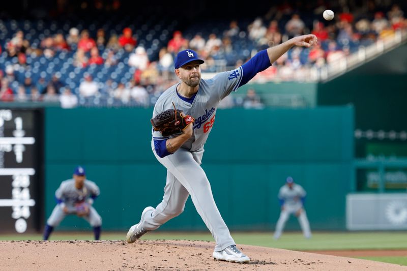 Apr 23, 2024; Washington, District of Columbia, USA; Los Angeles Dodgers starting pitcher James Paxton (65) pitches against the Washington Nationals during the first inning at Nationals Park. Mandatory Credit: Geoff Burke-USA TODAY Sports