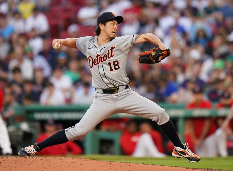 May 31, 2024; Boston, Massachusetts, USA;  Detroit Tigers starting pitcher Kenta Maeda (18) throws a pitch against the Boston Red Sox in the second inning at Fenway Park. Mandatory Credit: David Butler II-USA TODAY Sports