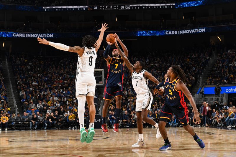 SAN FRANCISCO, CA - NOVEMBER 25: Buddy Hield #7 of the Golden State Warriors shoots the ball during the game against the Brooklyn Nets on November 25, 2024 at Chase Center in San Francisco, California. NOTE TO USER: User expressly acknowledges and agrees that, by downloading and or using this photograph, user is consenting to the terms and conditions of Getty Images License Agreement. Mandatory Copyright Notice: Copyright 2024 NBAE (Photo by Noah Graham/NBAE via Getty Images)